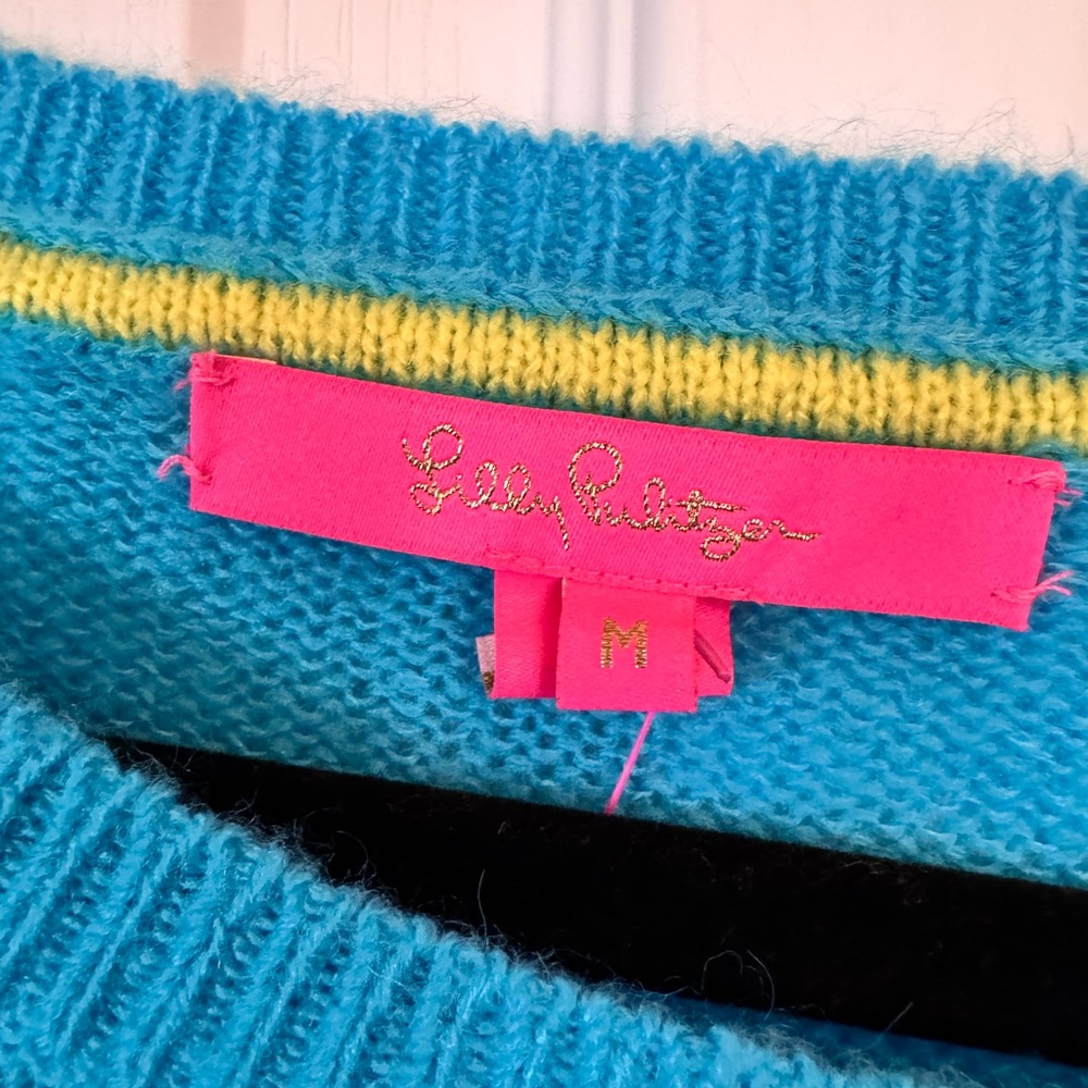 Lilly Pulitzer Turquoise Charlton Crewneck Sweater with Yellow Bright Sz M NWT - Picture 3 of 9